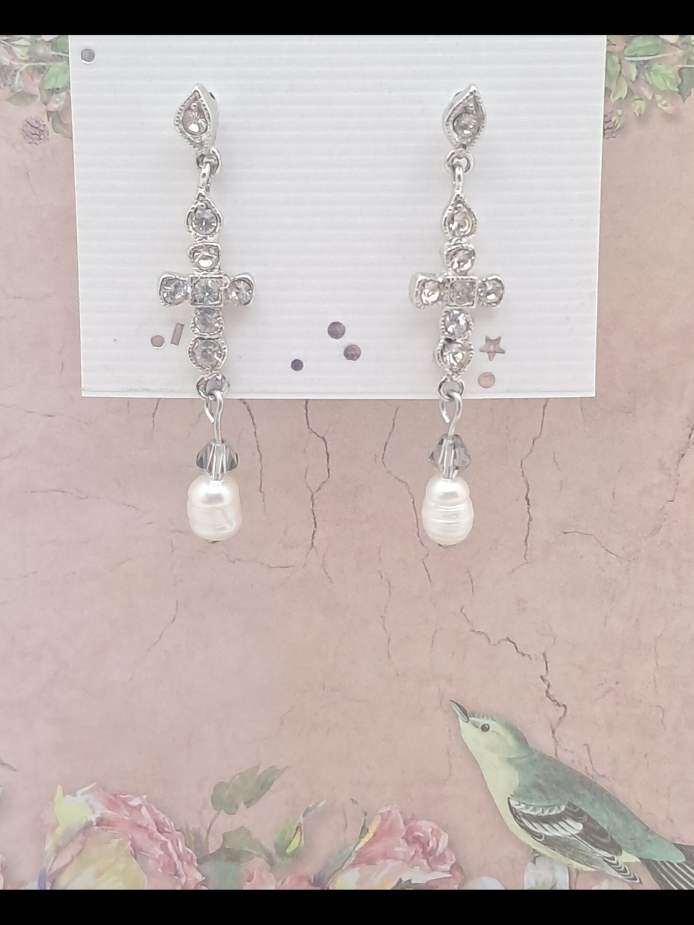 Handmade Freshwater Pearl Cross Drop Earrings Zirconia CZ Stainless Steel Posts